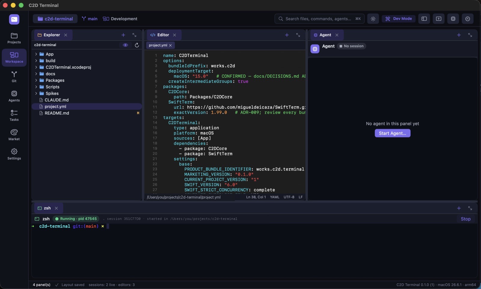 C2D Terminal workspace: Explorer, Editor, Agent panel and a running zsh terminal